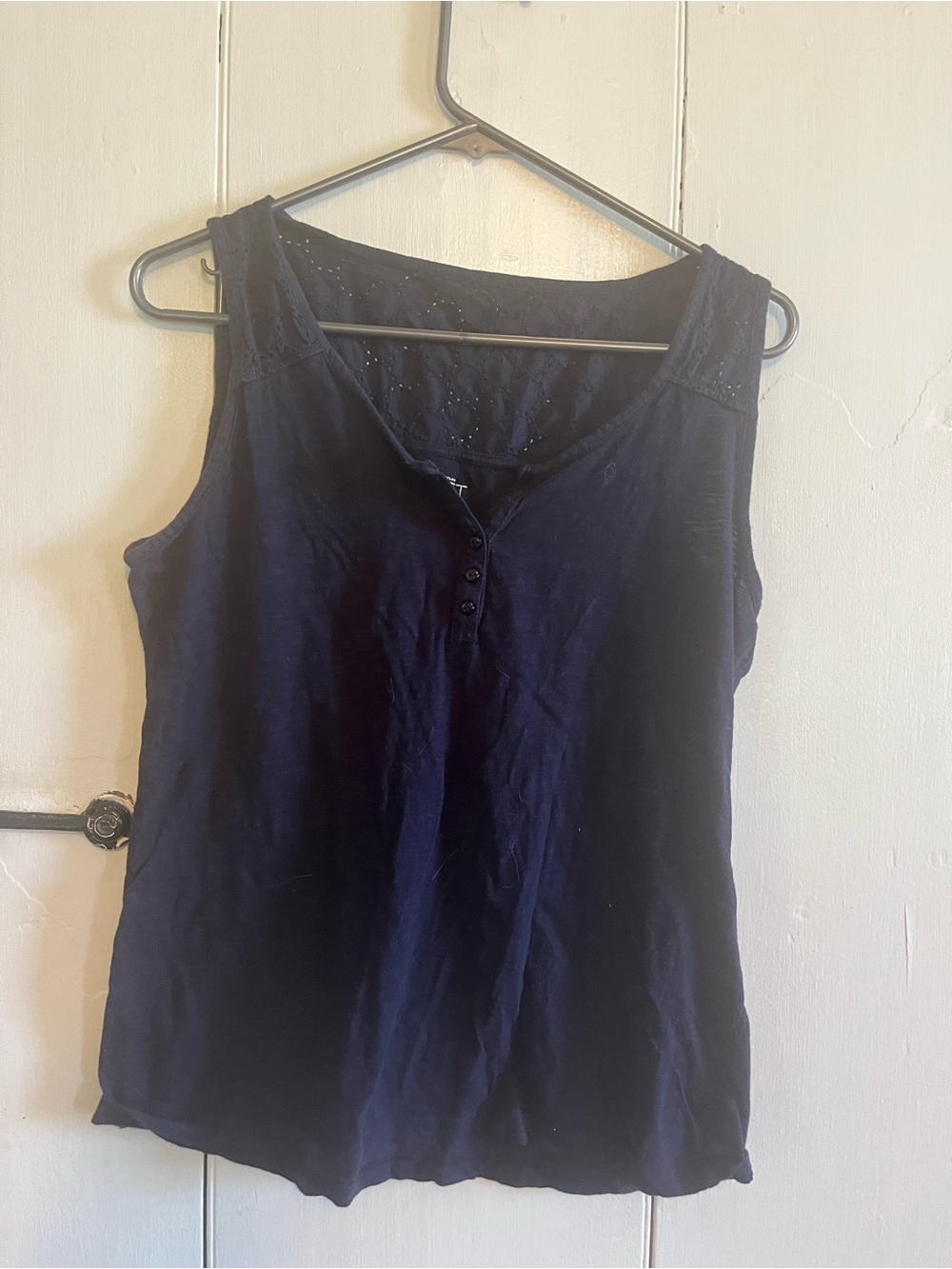 LOFT Navy Sleeveless Henley Tank with Lace Trim